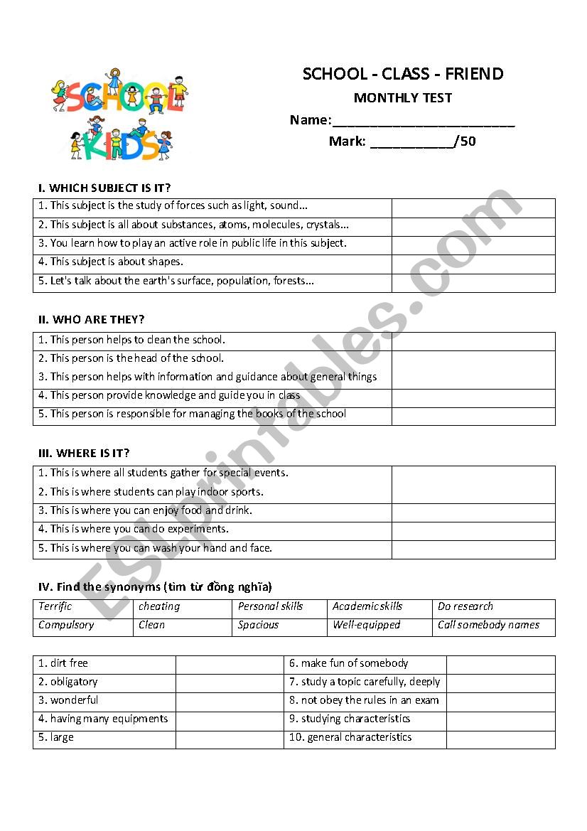 SCHOOL - CLASS - FRIEND TEST worksheet