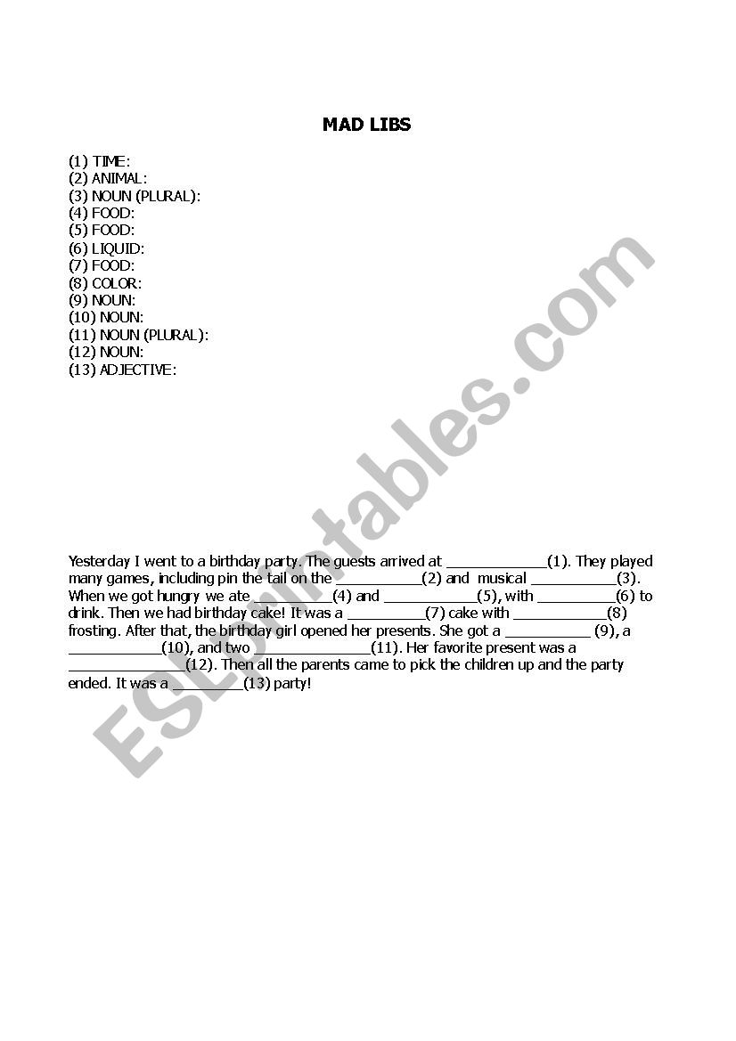 Mad Libs worksheet