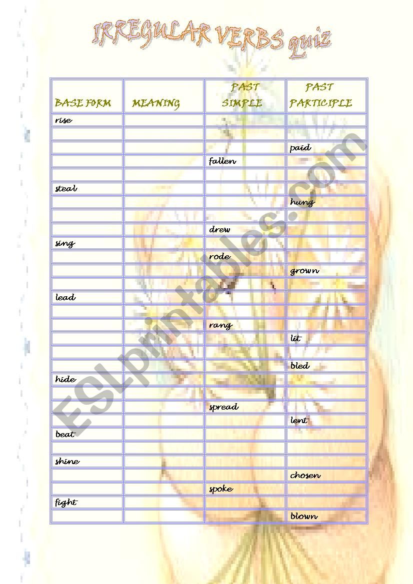 IRREGULAR VERBS quiz worksheet