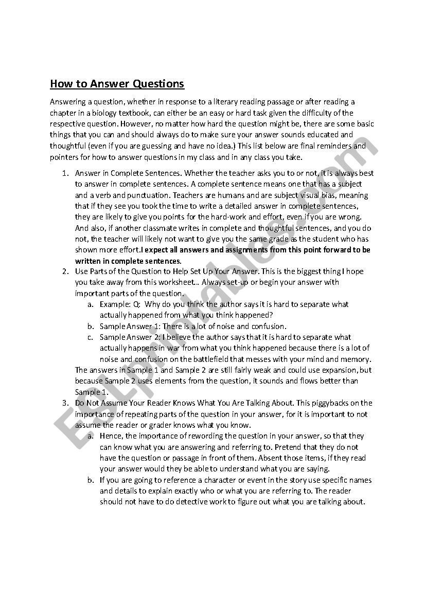 Writing Short Answer Questions Writing Short Answer Questions