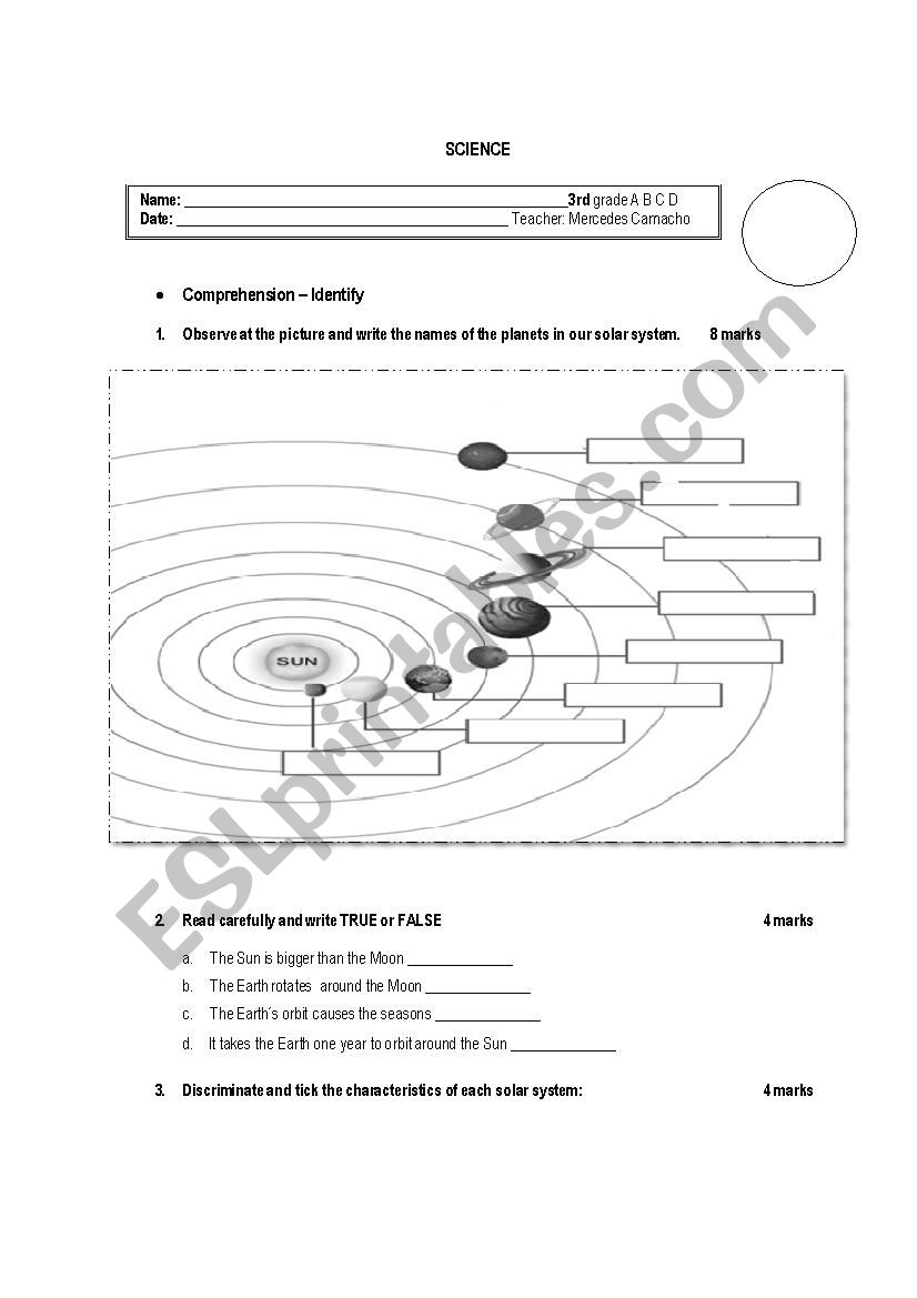 Solar system  worksheet