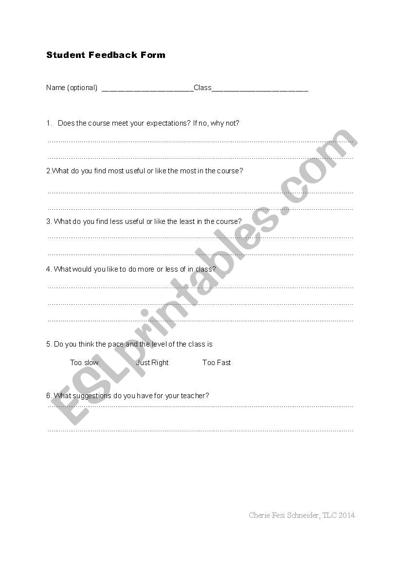 Student feedback form worksheet