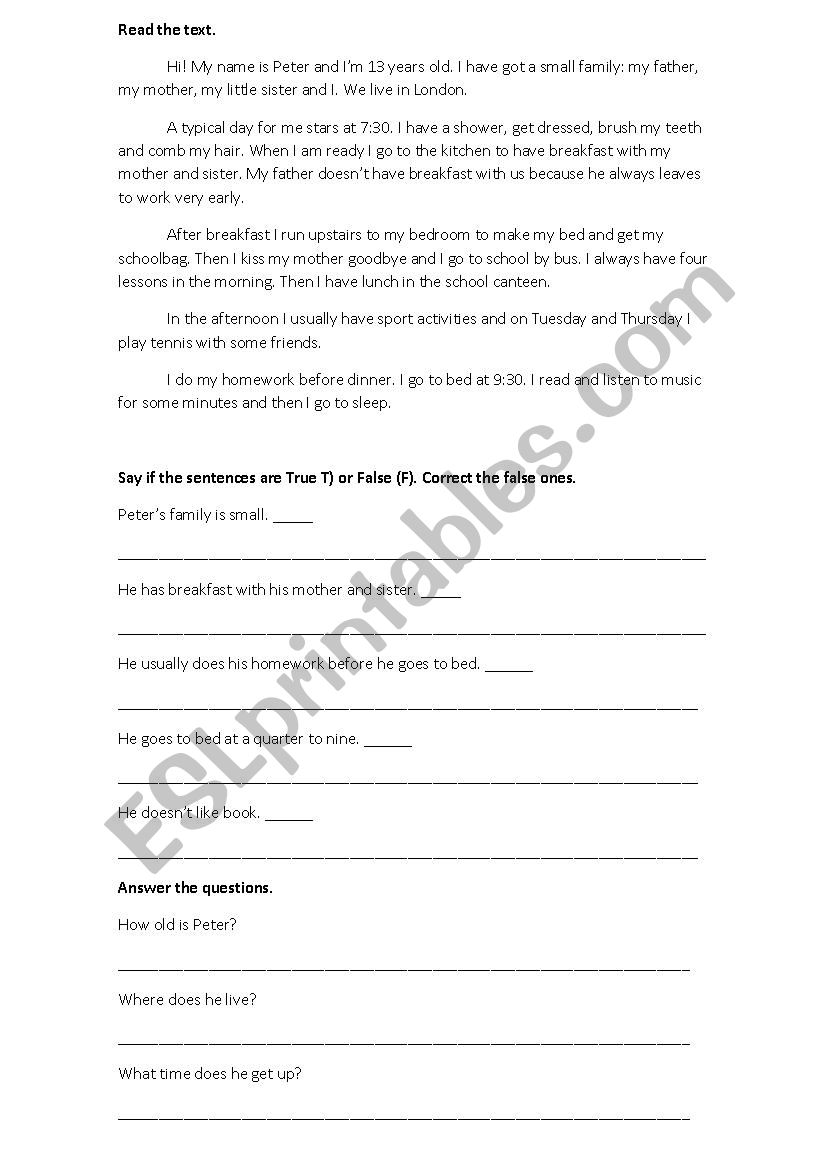 Daily Routime test worksheet