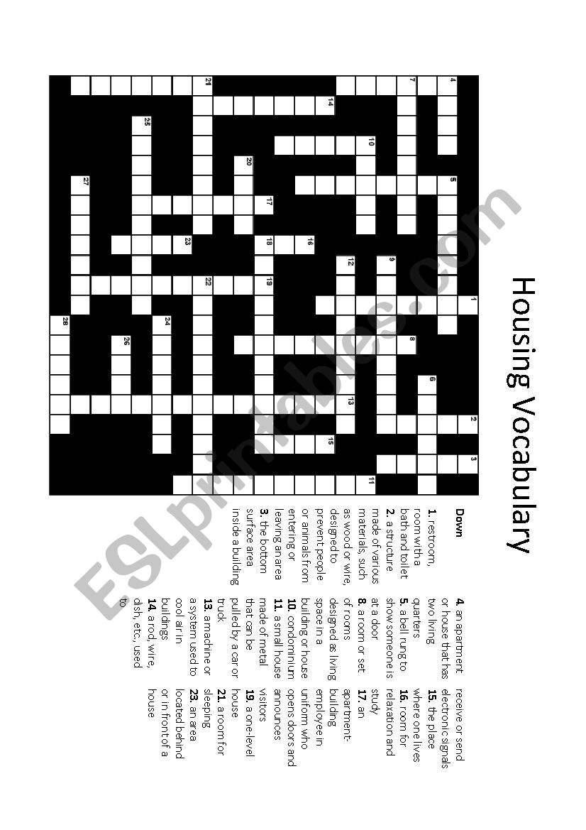 Housing Crossword worksheet