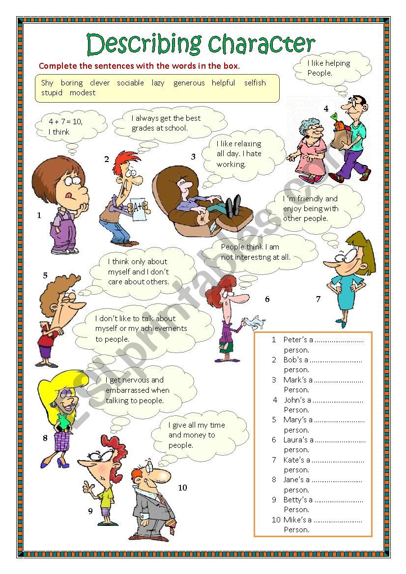 Describing character 1 worksheet