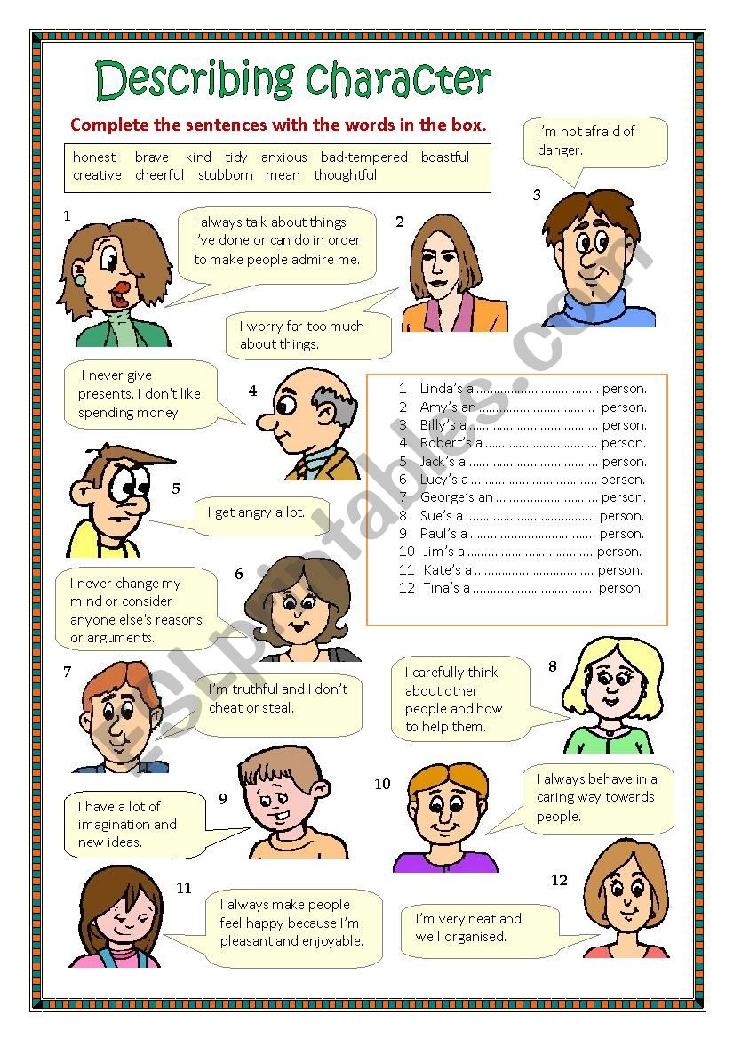 Describing character 3 worksheet