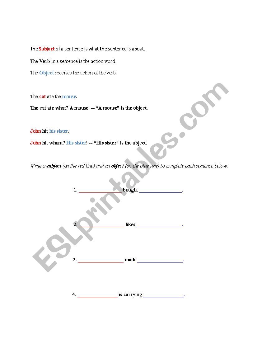 SVO (Subject Verb Object)  worksheet