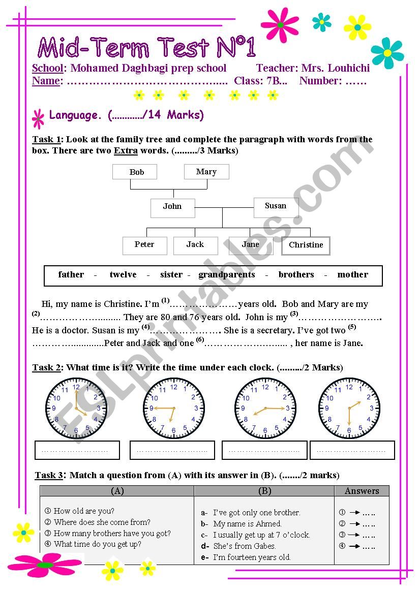 Mid-term test n1 7 th form Tunisian school