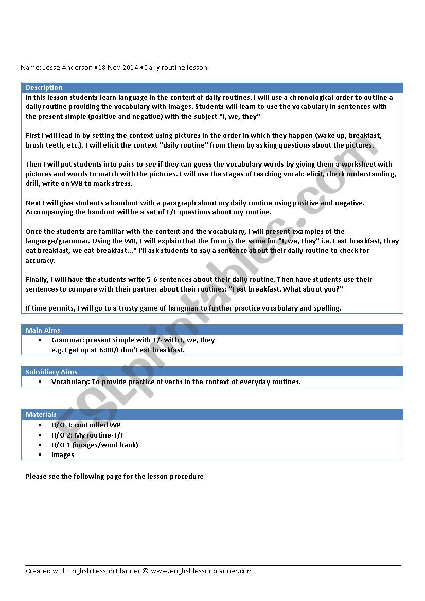 Daily Routine Lesson Plan worksheet
