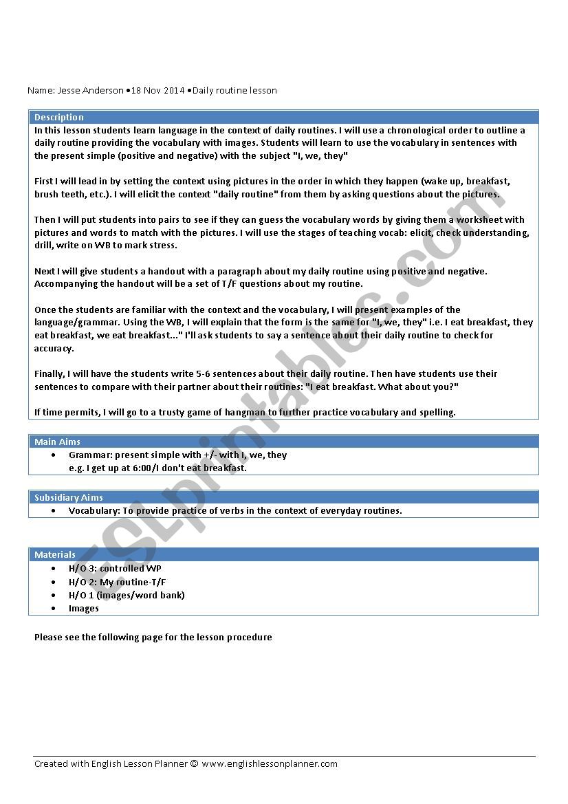 Daily Routine Lesson Plan ESL Worksheet By Yakupteacher
