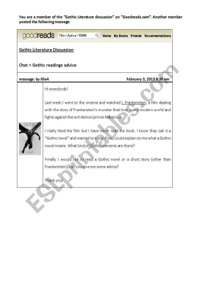 Gothic literature forum worksheet