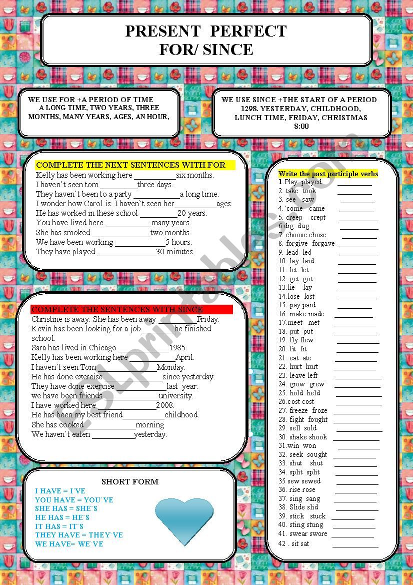 FOR SINCE PRESENT PERFECT worksheet