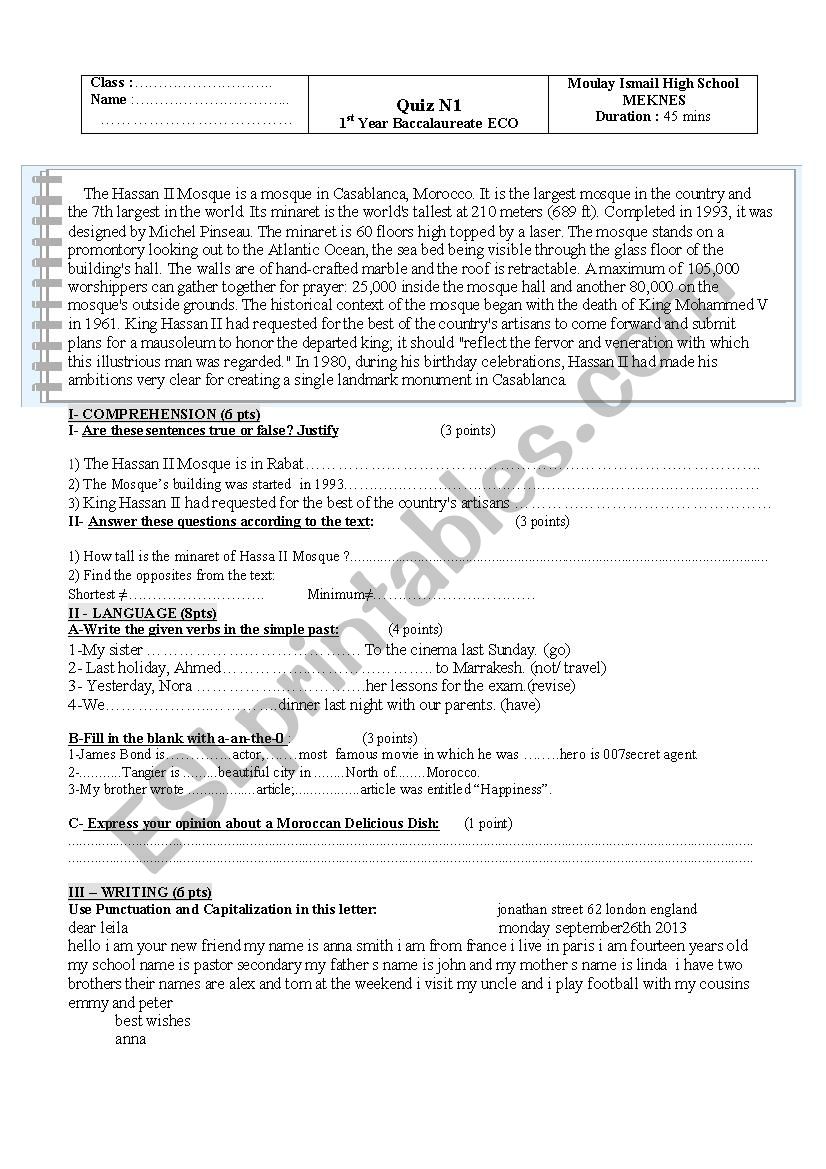 test 1bac Gateway unit1 worksheet