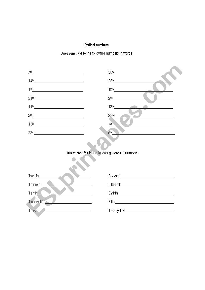 ordinal numbers worksheet