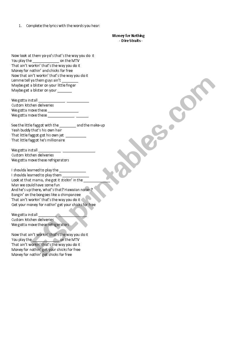 Dire Straits Money For Nothing Song Lyrics Esl Worksheet By Michal Macha