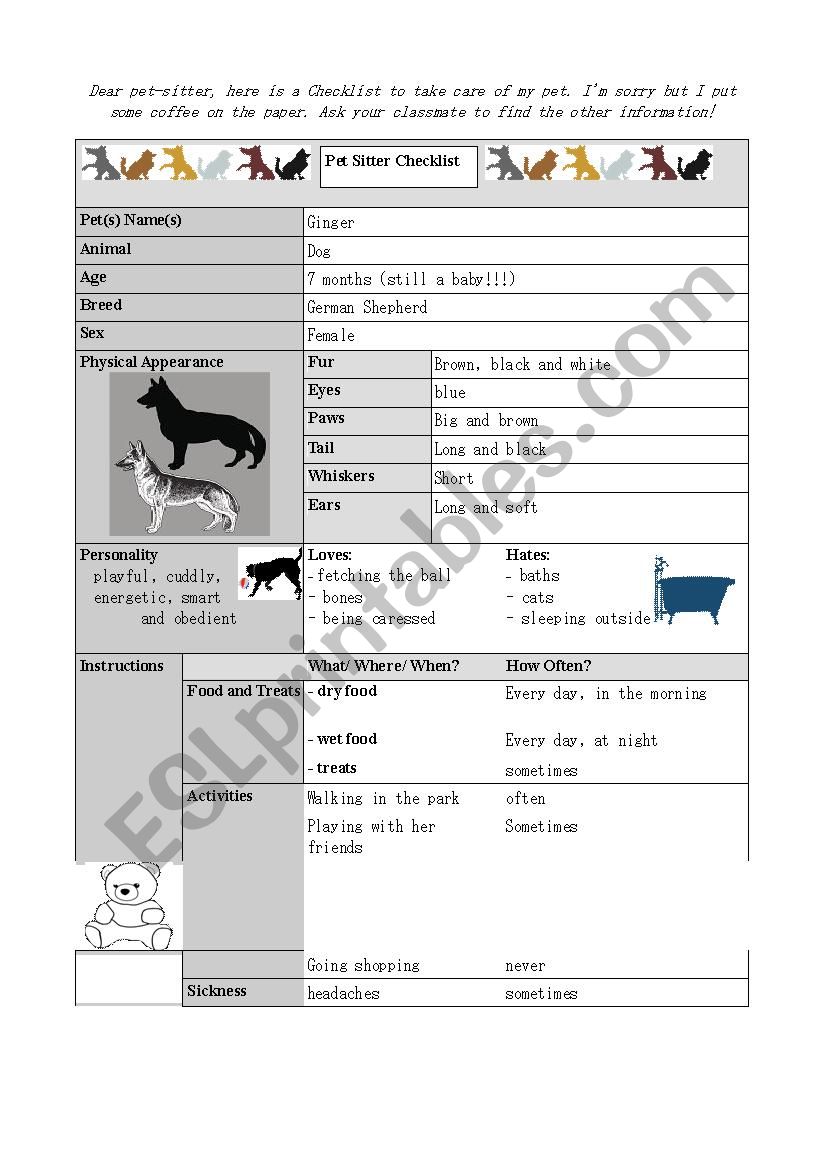 Checklist Petsitter worksheet