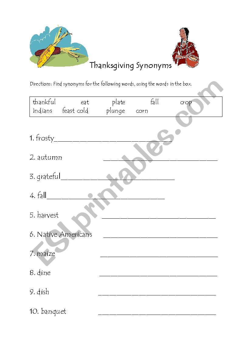 Thanksgiving Synonyms worksheet