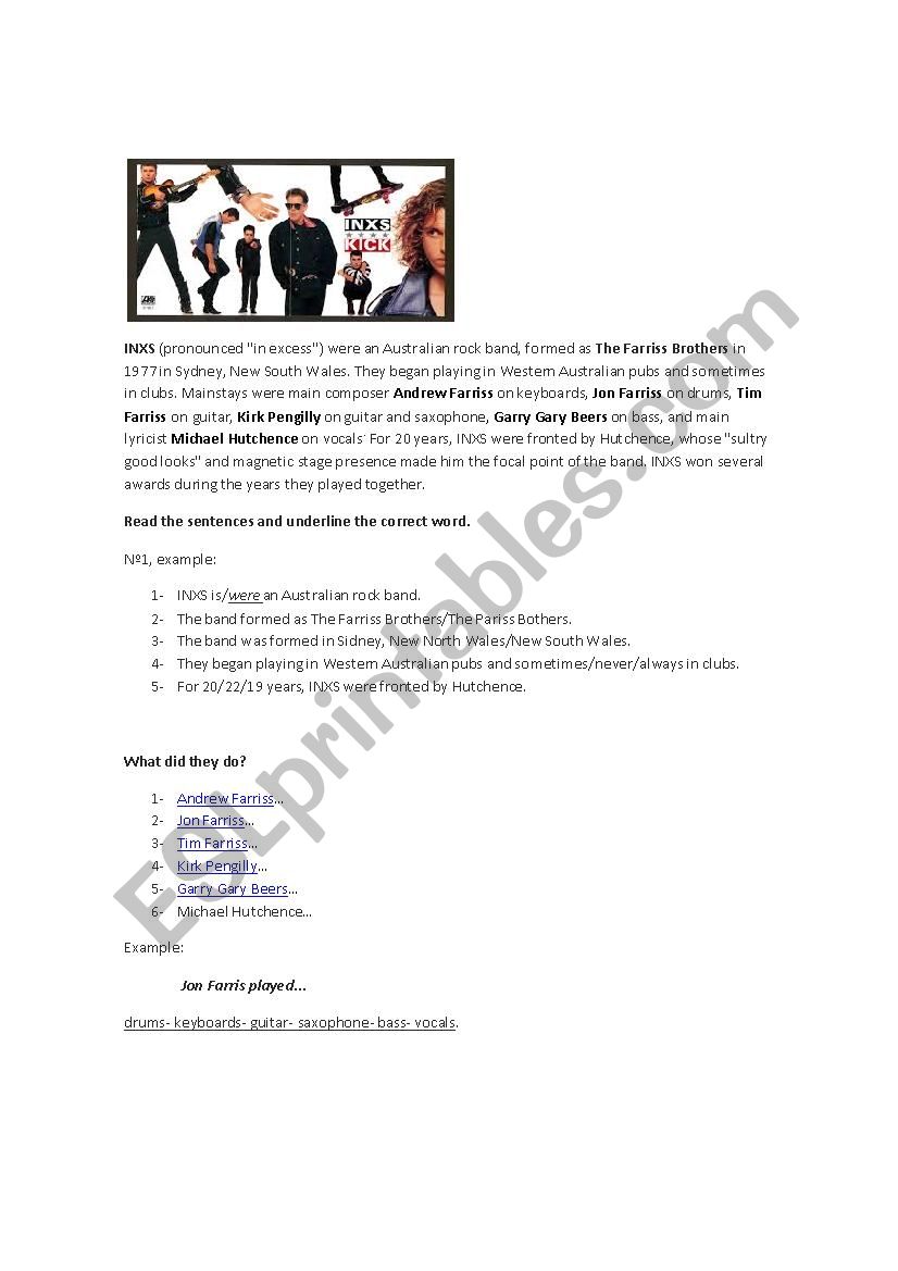 Bands: INXS worksheet