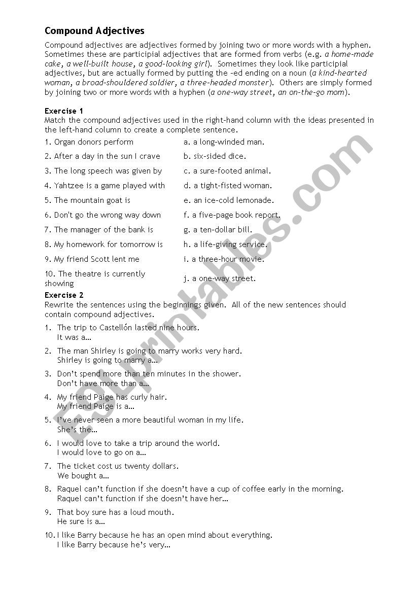 compound adjective worksheet