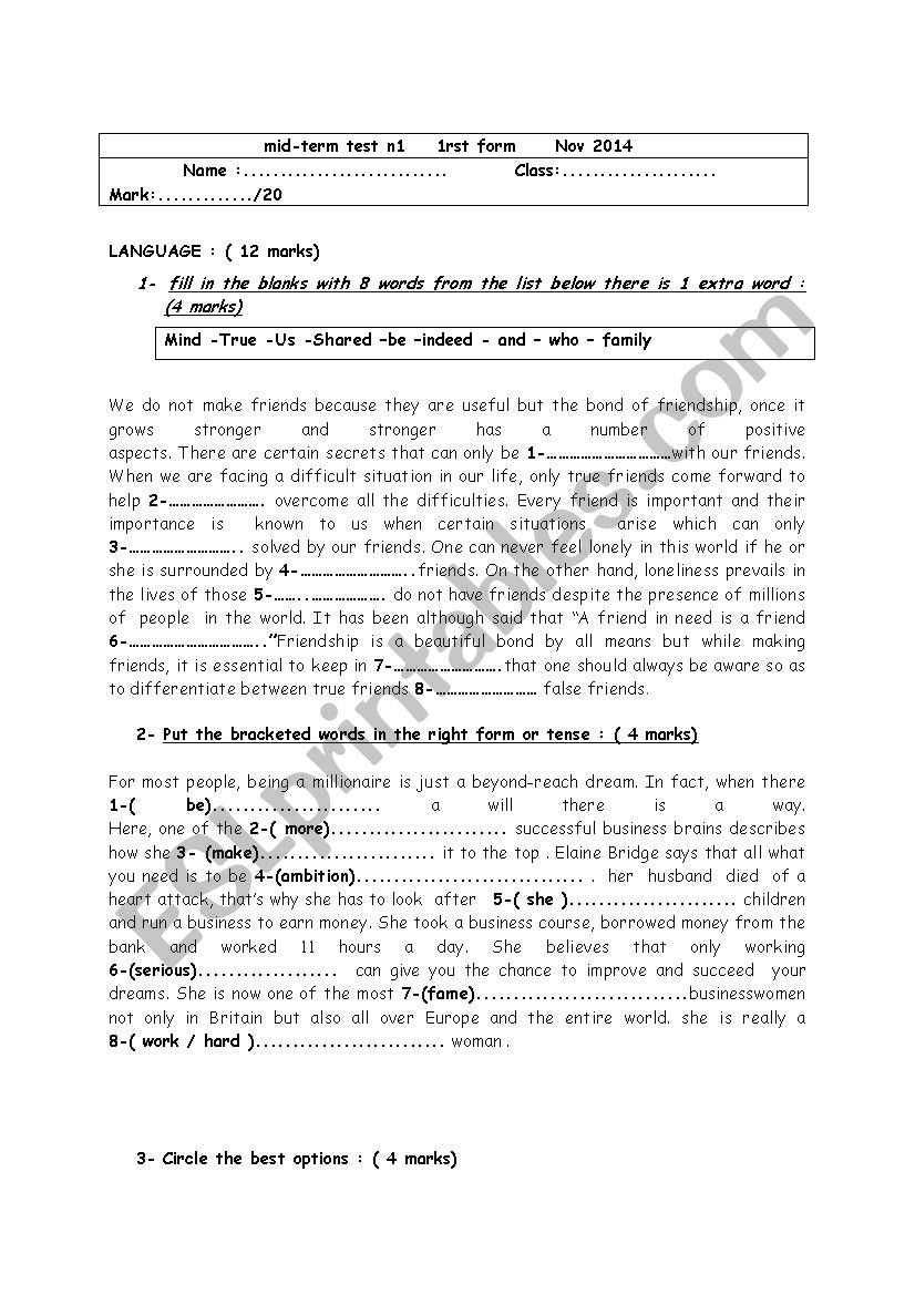 mid-term test n1 1rst form worksheet