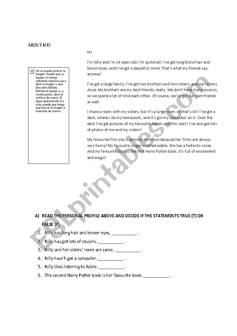 About Me worksheet