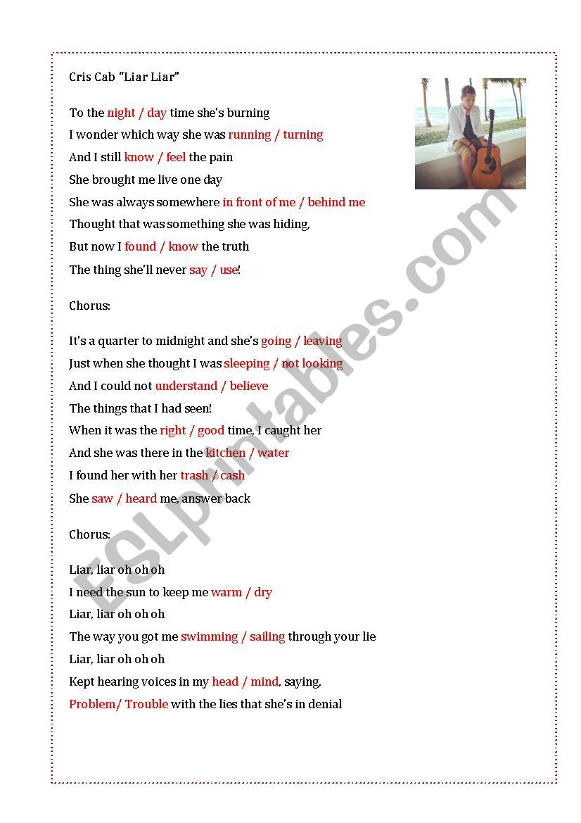 Cris Cab Liar Liar Song Worksheet
