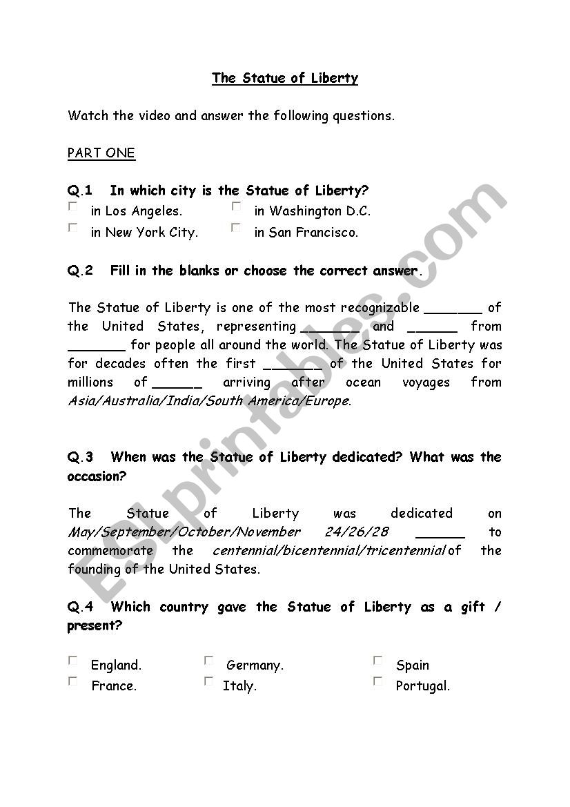 Statue of Liberty worksheet