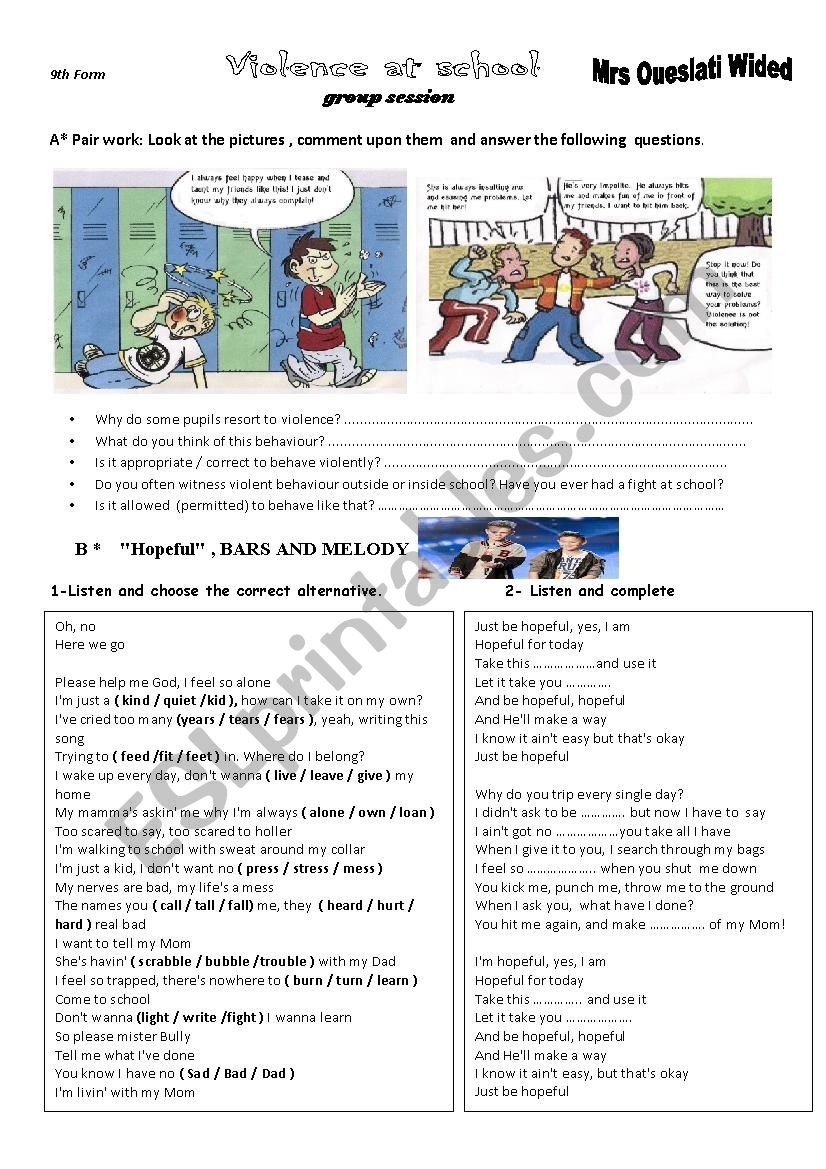 Violence at school  worksheet