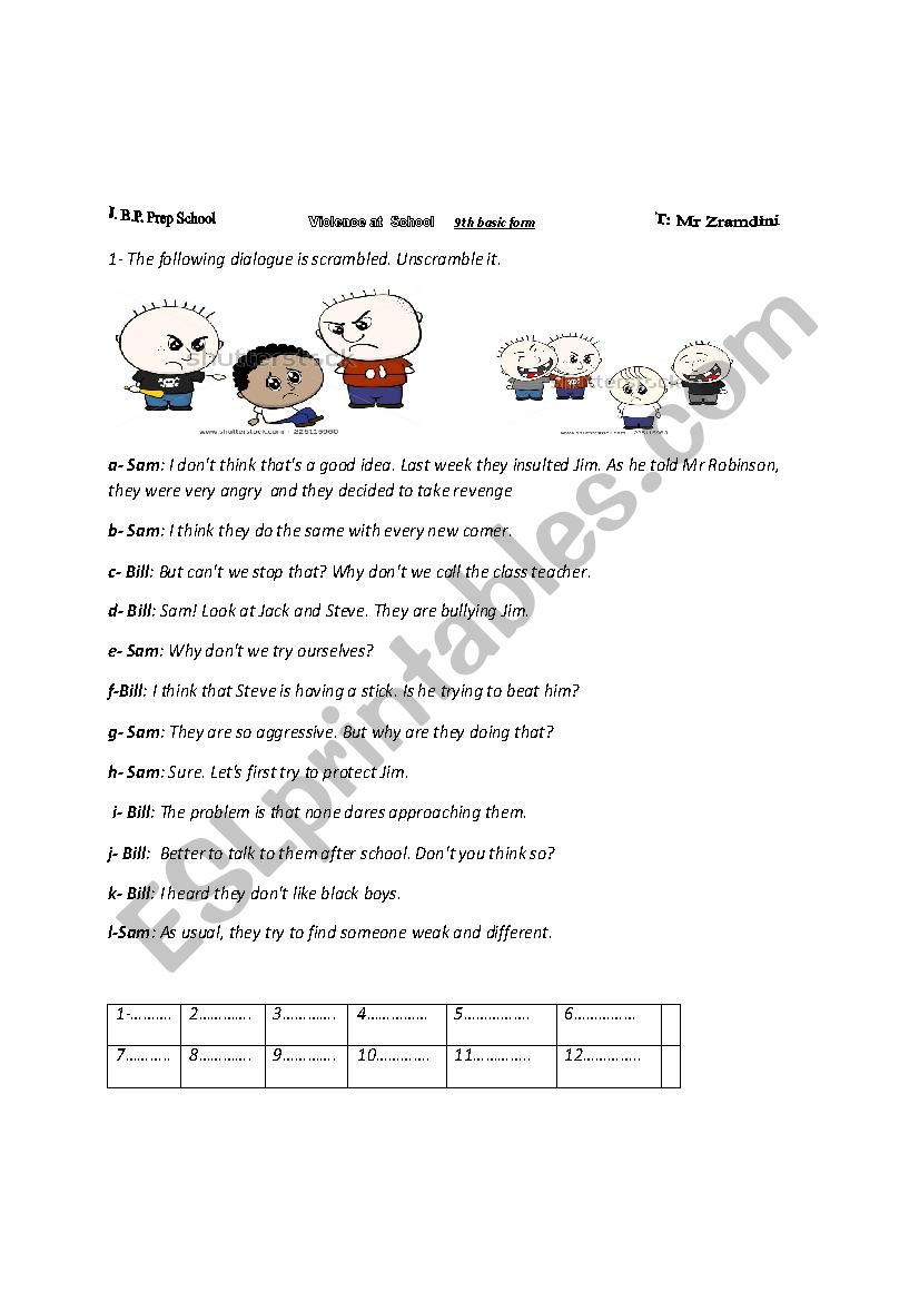 violence at school worksheet