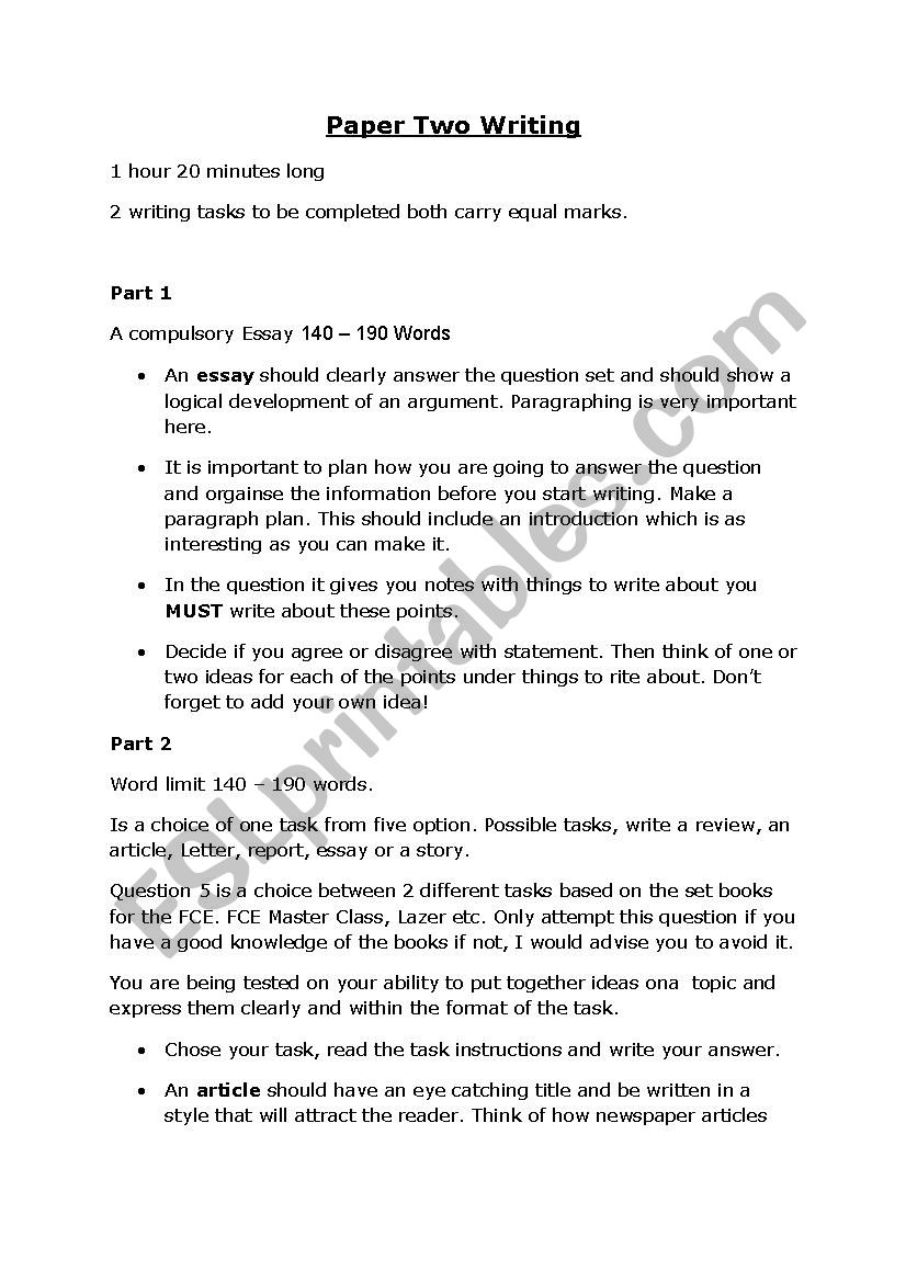 FE Paper Two Writing Tips worksheet
