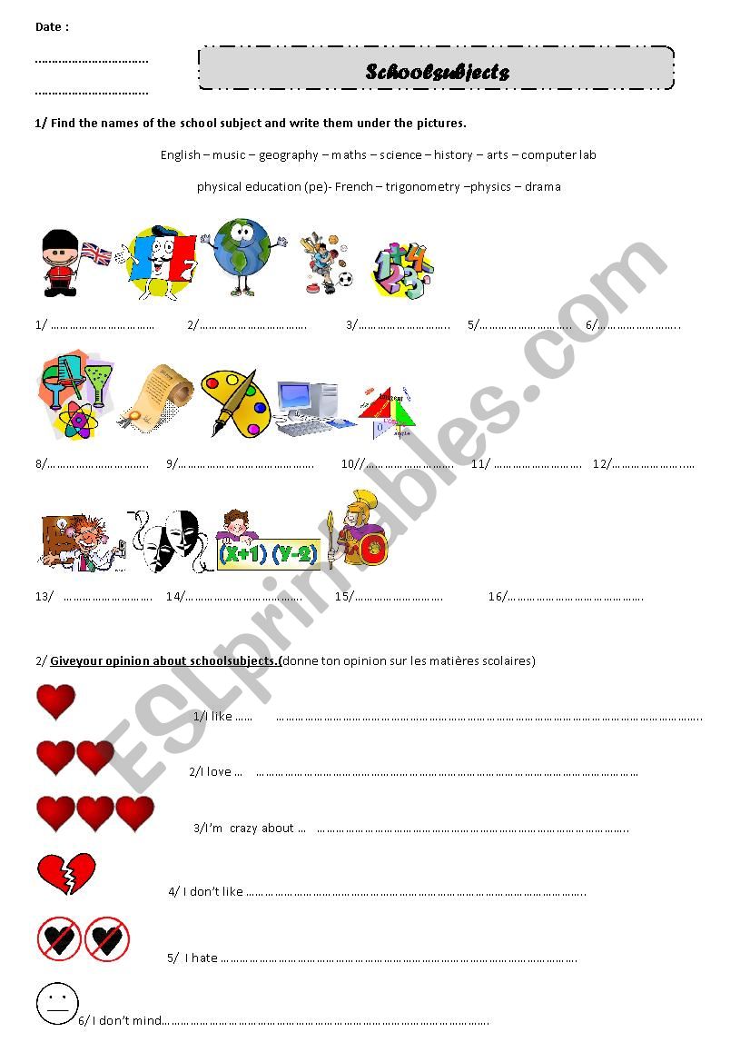 school sujects worksheet