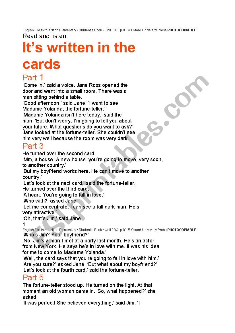 its written in the cards worksheet