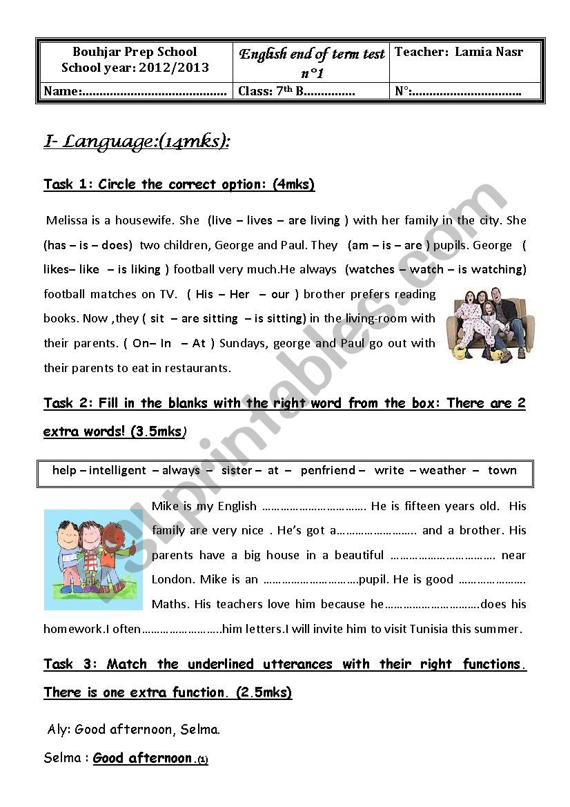 end of term 1 test 7 th form worksheet