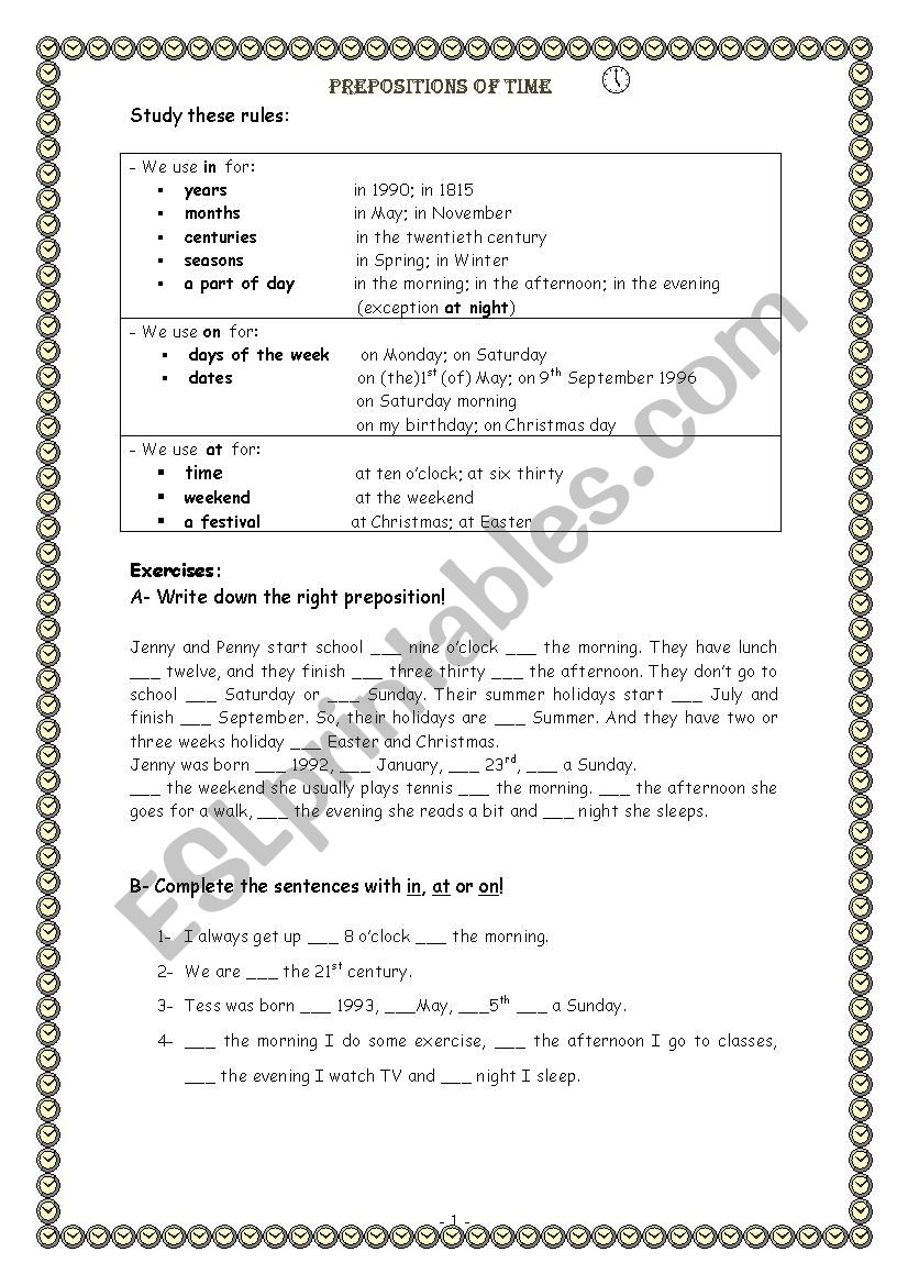 Prepositions of time worksheet