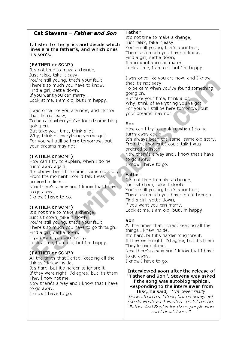 Cat Stevens FATHER AND SON song lyrics