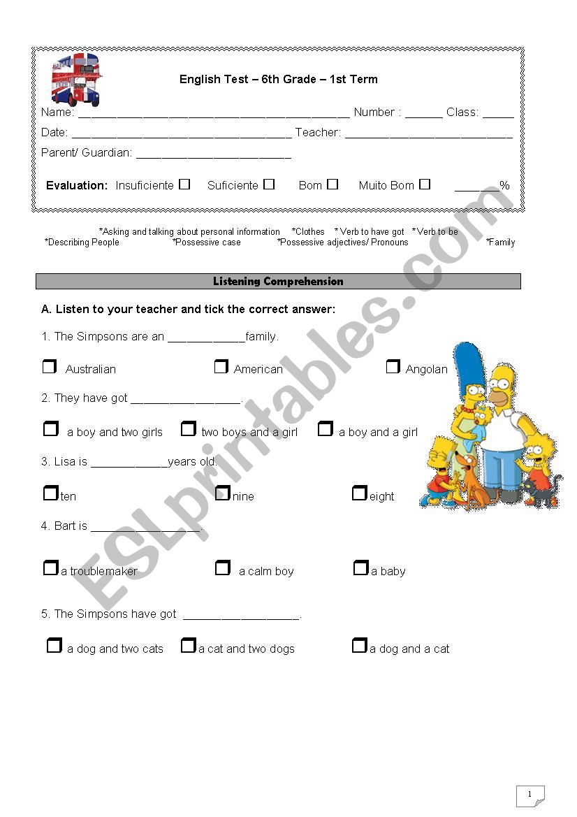 English Test_6th Year worksheet