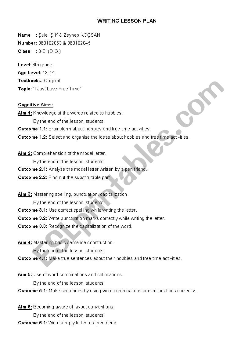 writing lesson plan worksheet