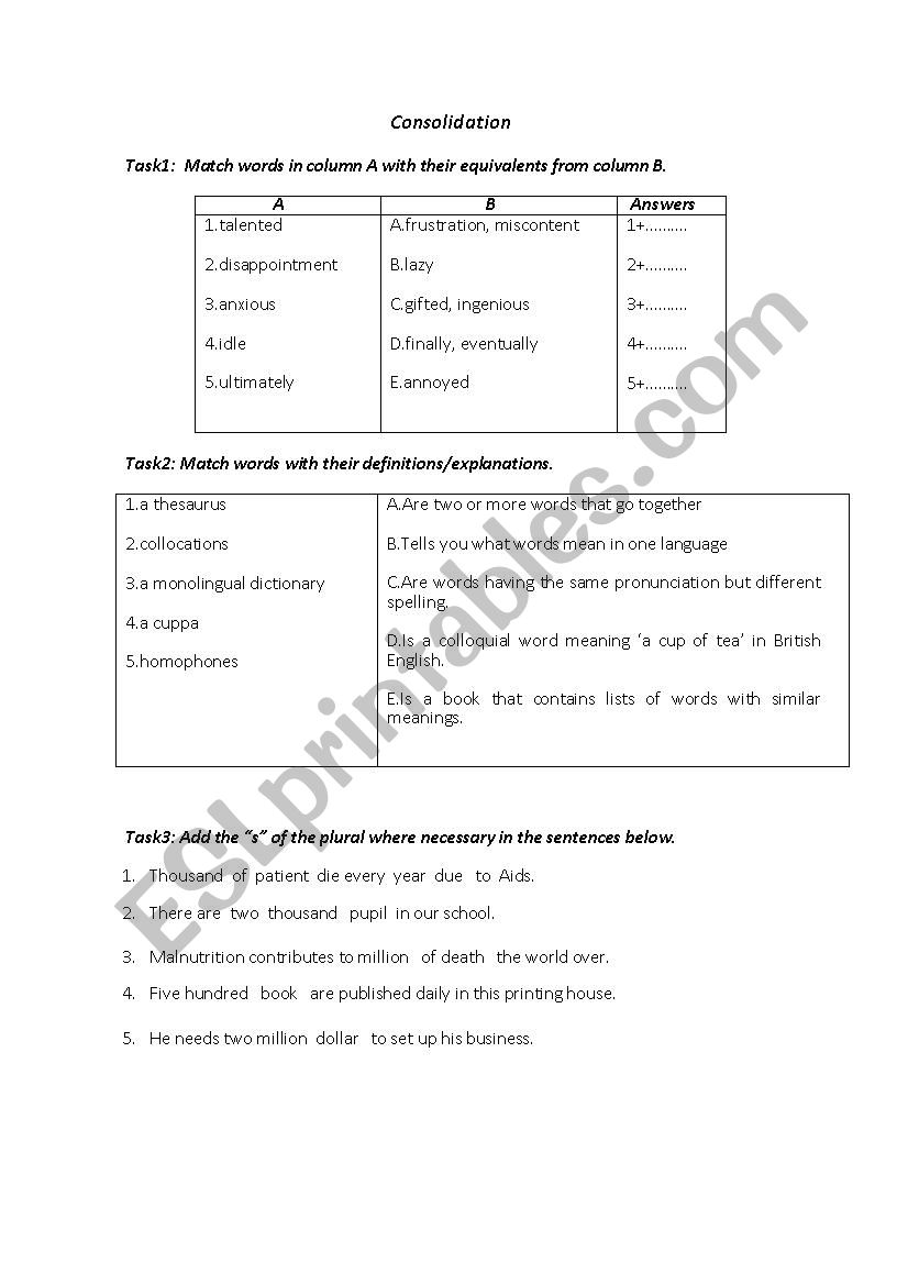 consolidation for 4th form pupils