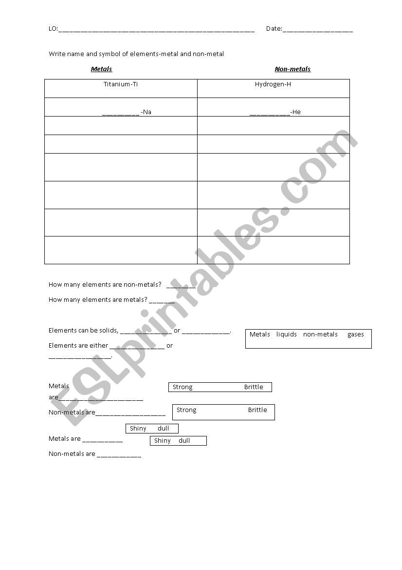 metals and non-metals worksheet