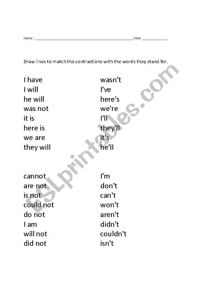 Contractions worksheet