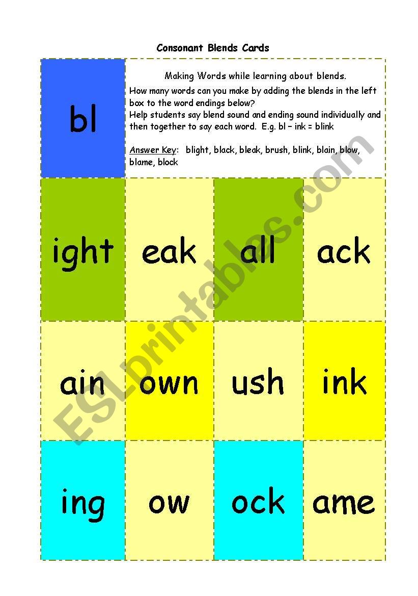 Consonant Blends Cards worksheet