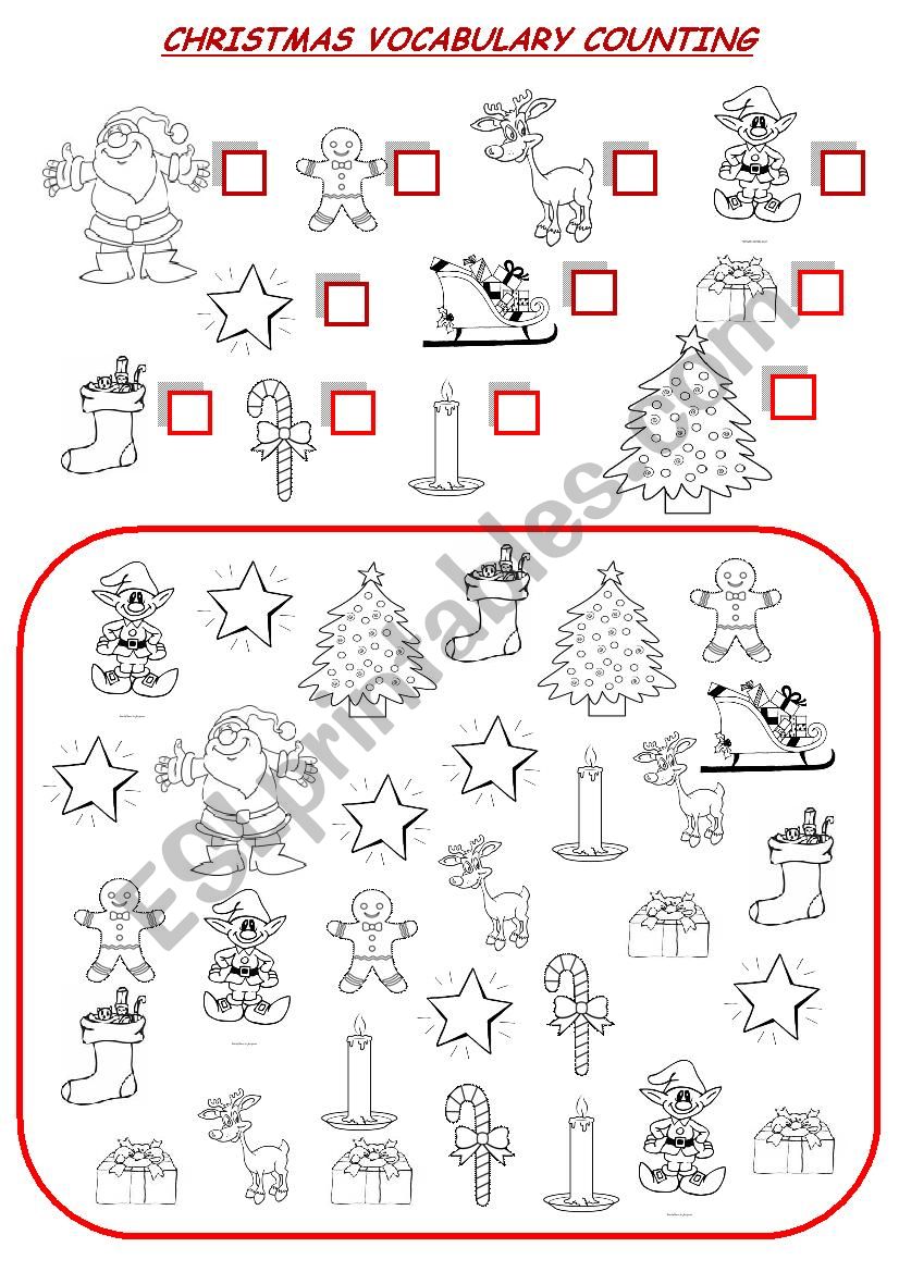Christmas vocabulary counting worksheet