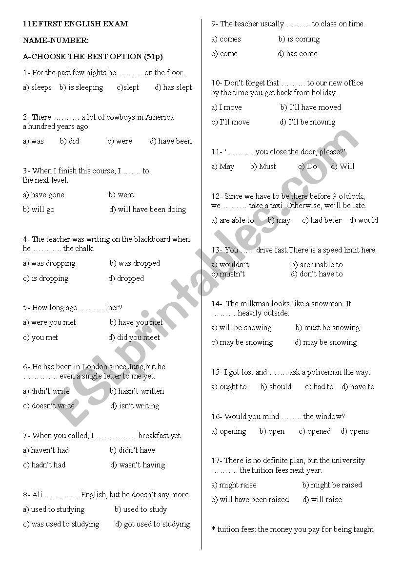 an exam for tenses,pronouns and modals