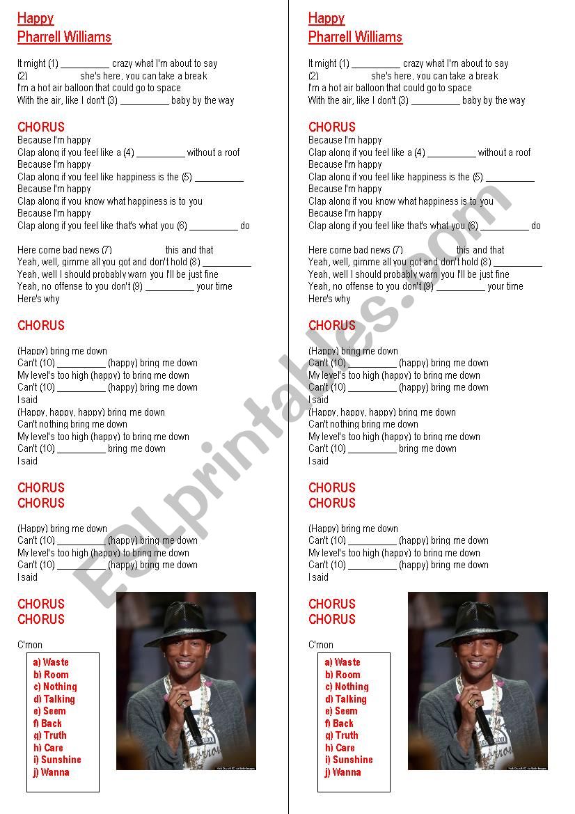 Pharrell Williams - Happy worksheet