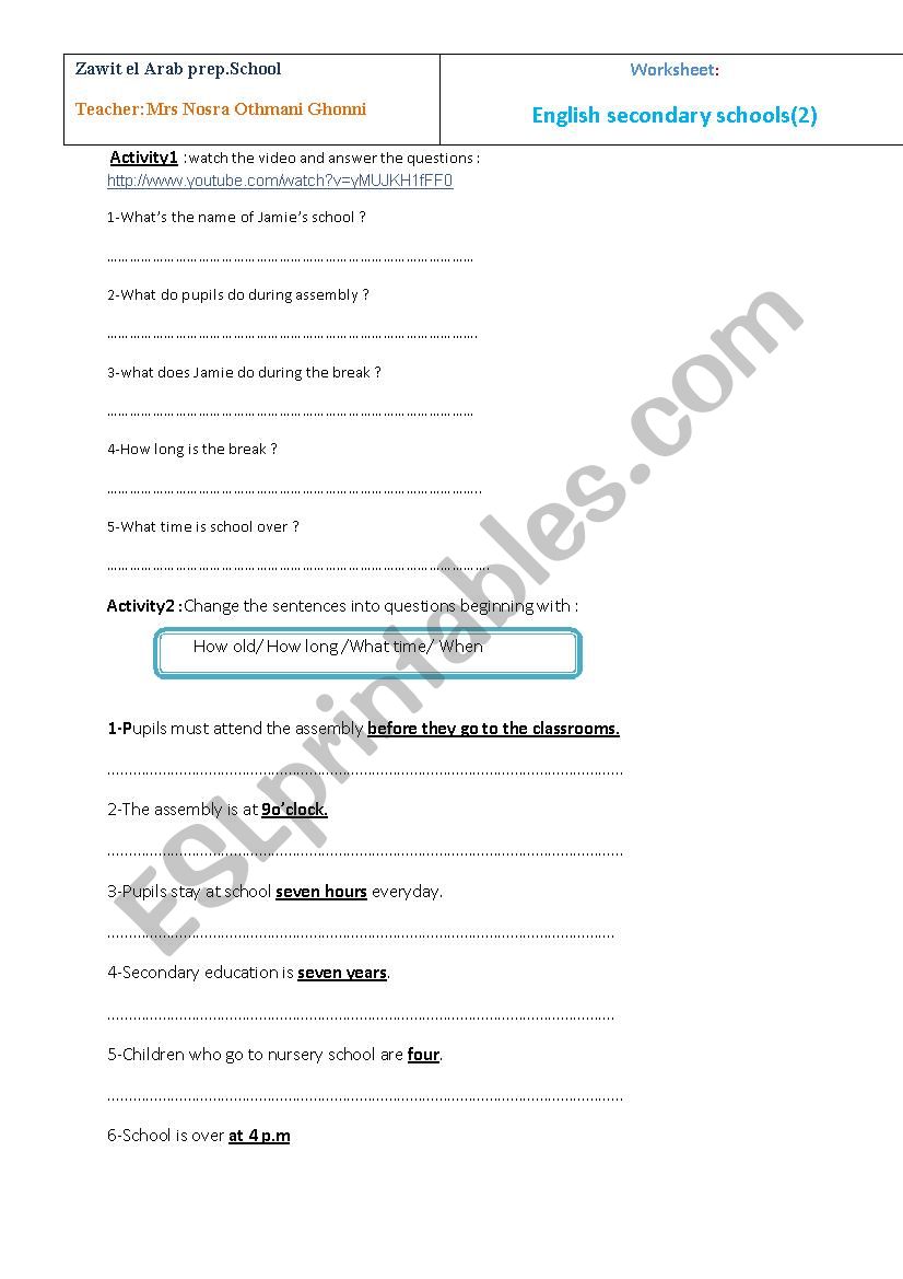 English Secondary schools(2) worksheet