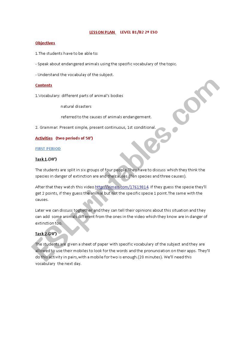 Lesson plan leel B1-B2 worksheet