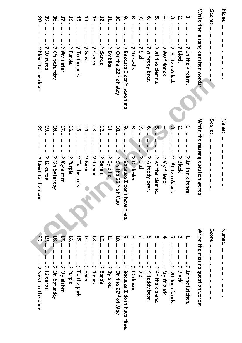 Question words quick test worksheet