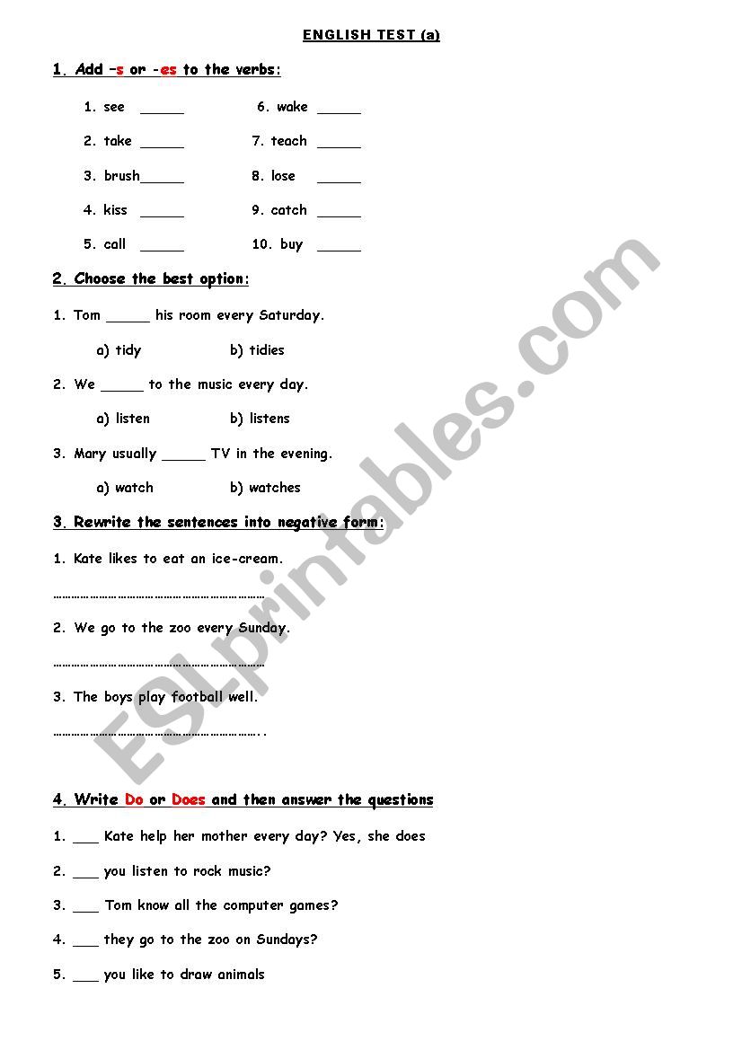 Present Simple test worksheet