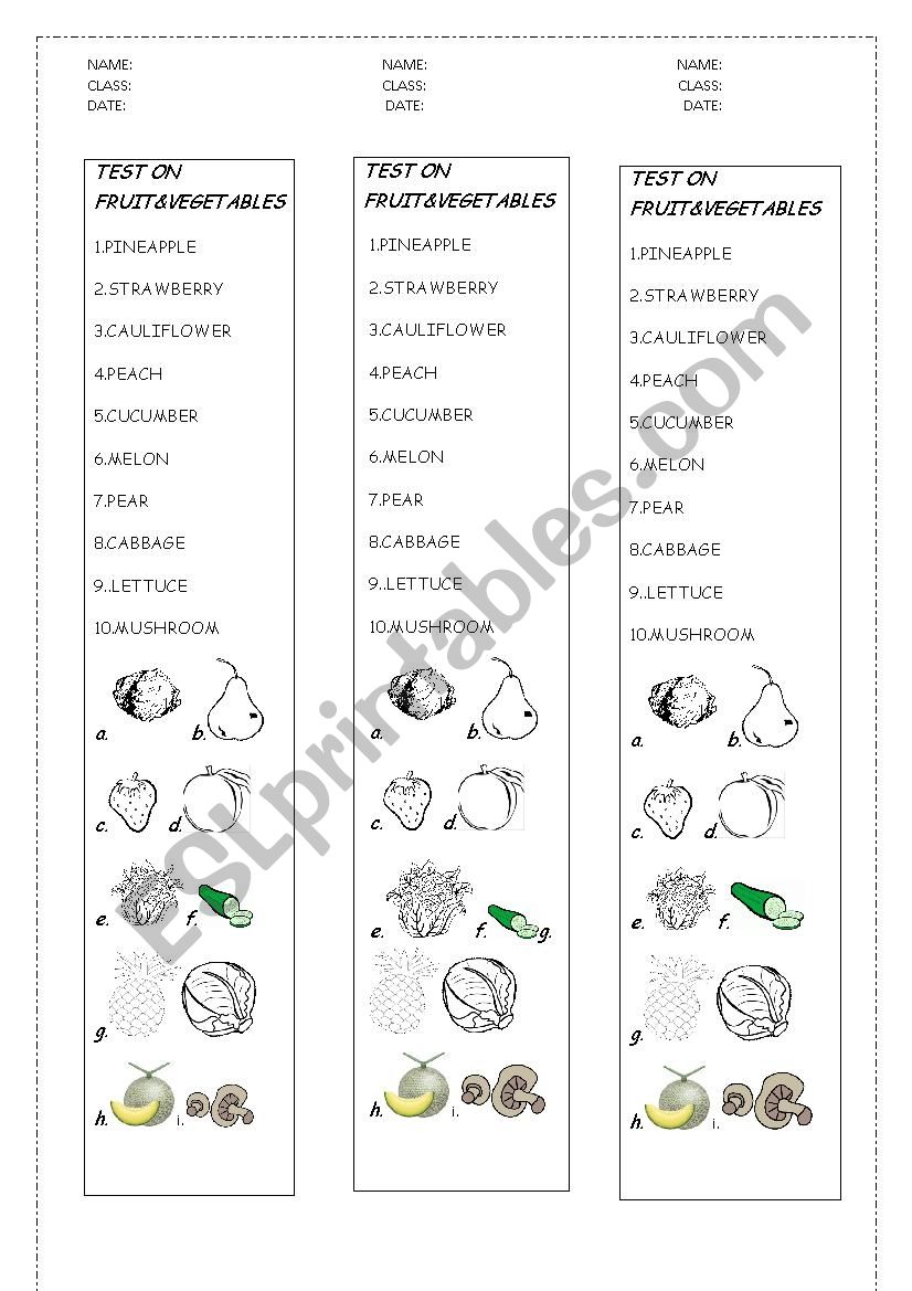 TEST ON FRUIT-VEGETABLES worksheet