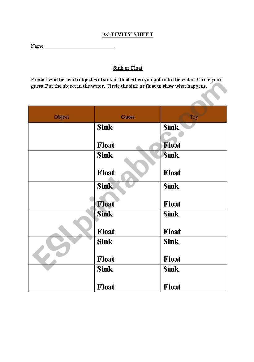 English Worksheets Sink Or Float